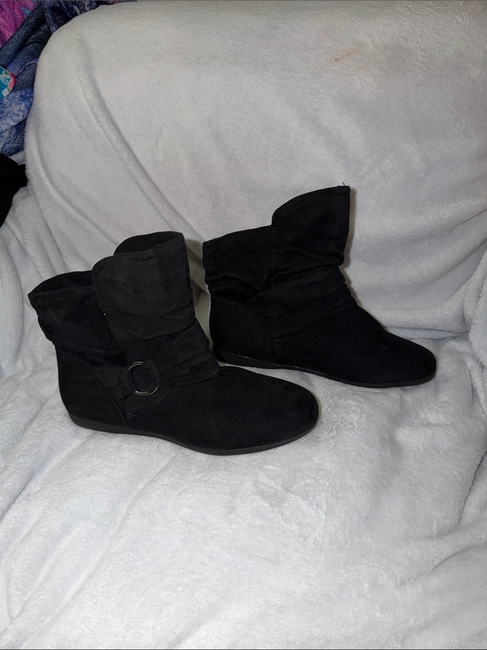 cloudwalkers Black Suede Slouch Ankle Booties with Ring Detail